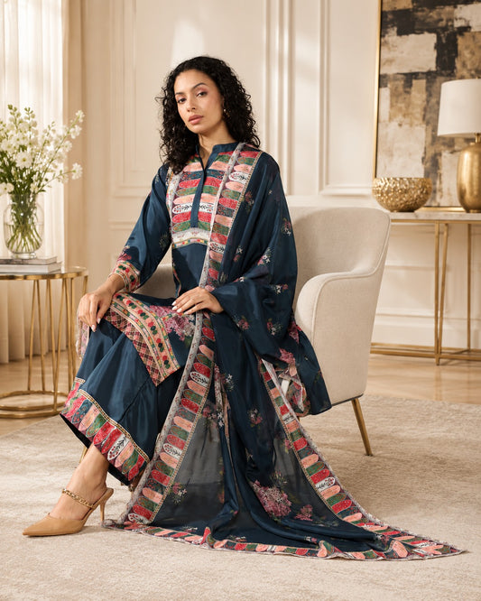 Elegance in Blue Print Suit Set with Dupatta