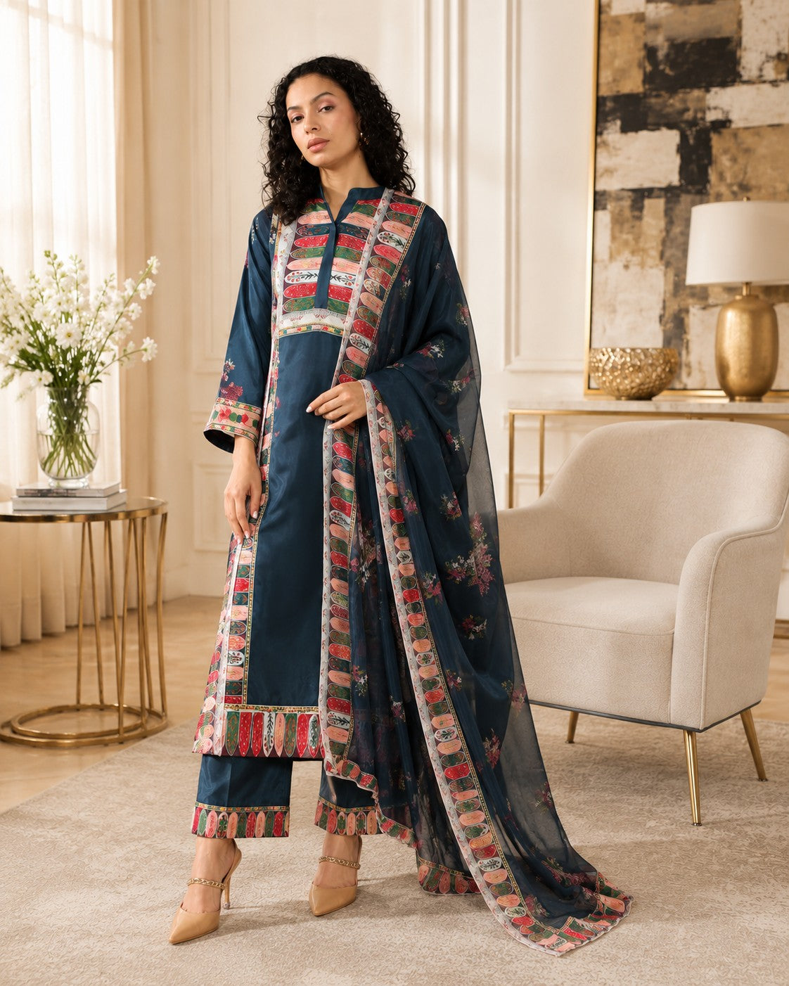 Elegance in Blue Print Suit Set with Dupatta