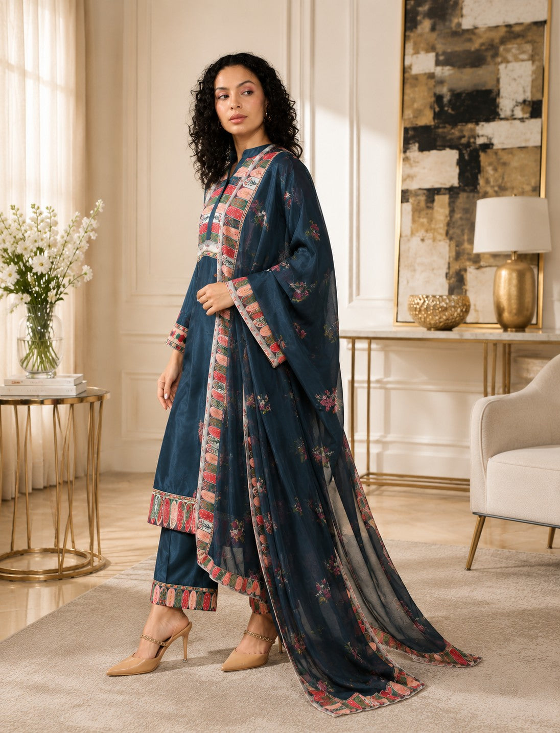 Elegance in Blue Print Suit Set with Dupatta