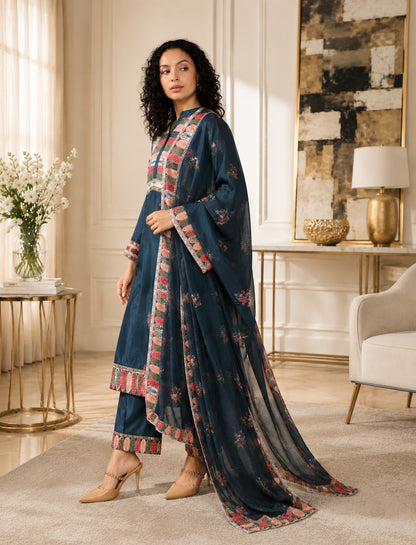 Elegance in Blue Print Suit Set with Dupatta