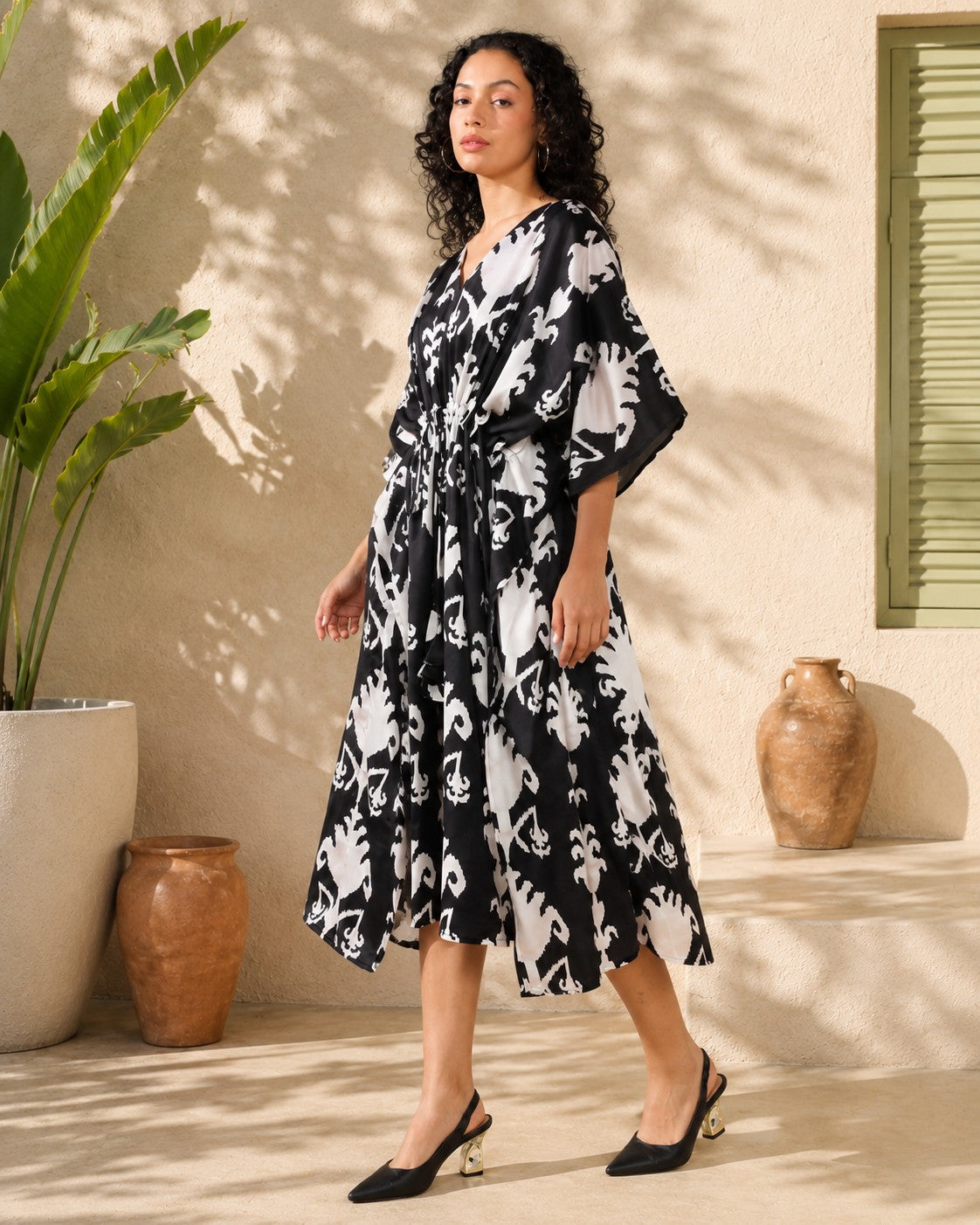 Ikkat Black Satin linen Kaftan Dress