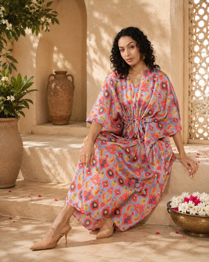 Ikkat Pink Satin linen Kaftan Dress