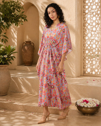 Ikkat Pink Satin linen Kaftan Dress
