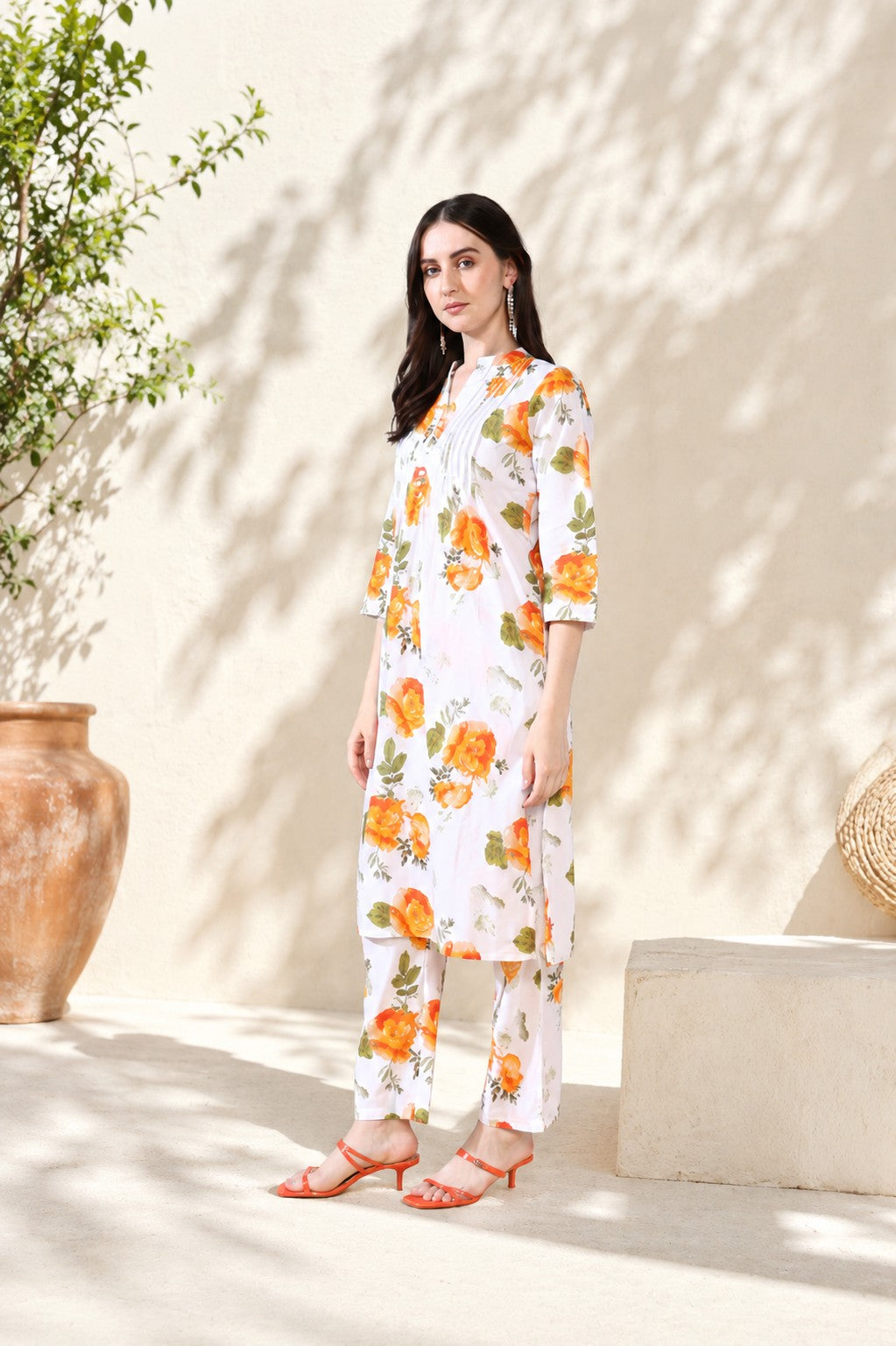 White orange Pure Cotton Suit Set