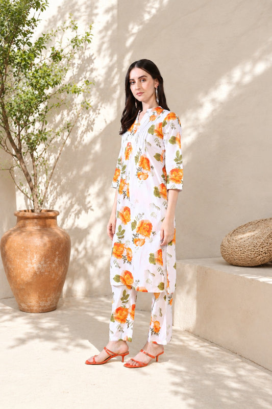 White orange Pure Cotton Suit Set