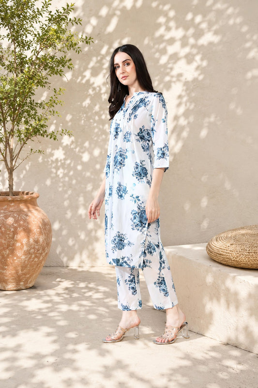 White Blue Pure Cotton Suit Set