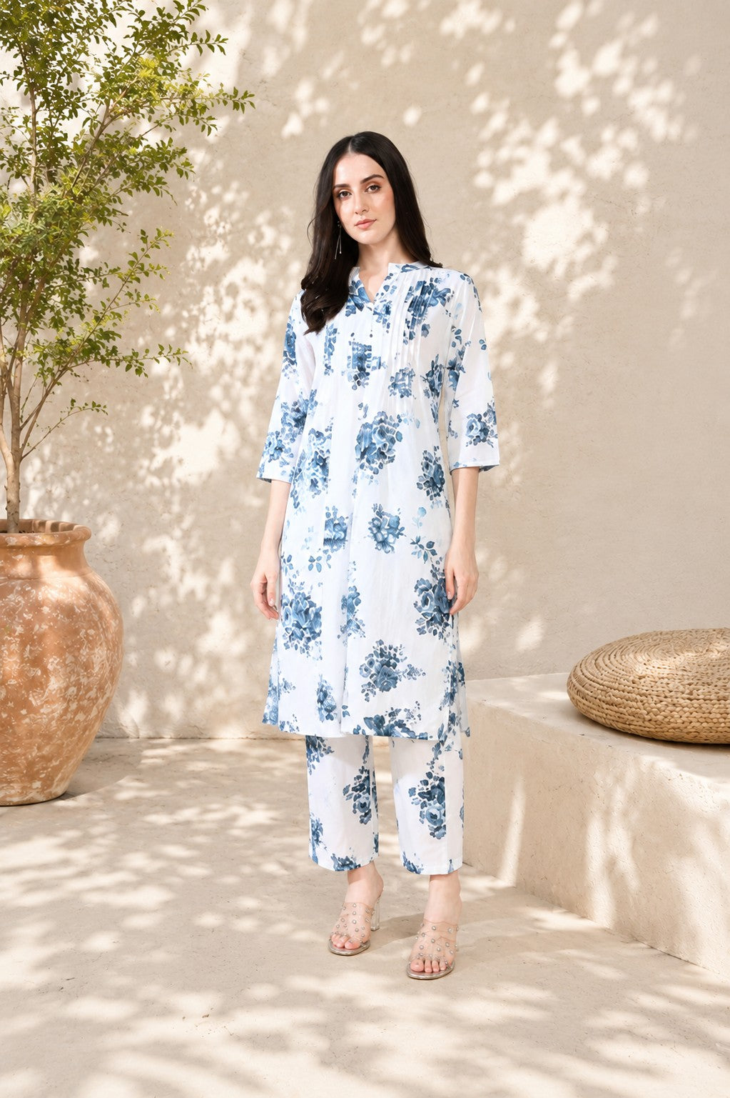 White Blue Pure Cotton Suit Set