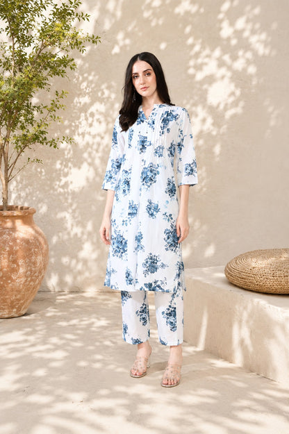 White Blue Pure Cotton Suit Set