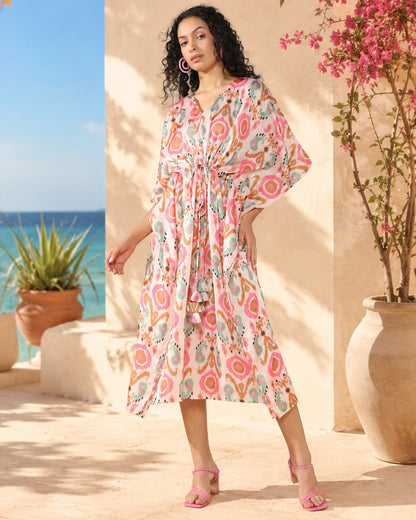 Ikkat ethnic Satin linen Kaftan Dress