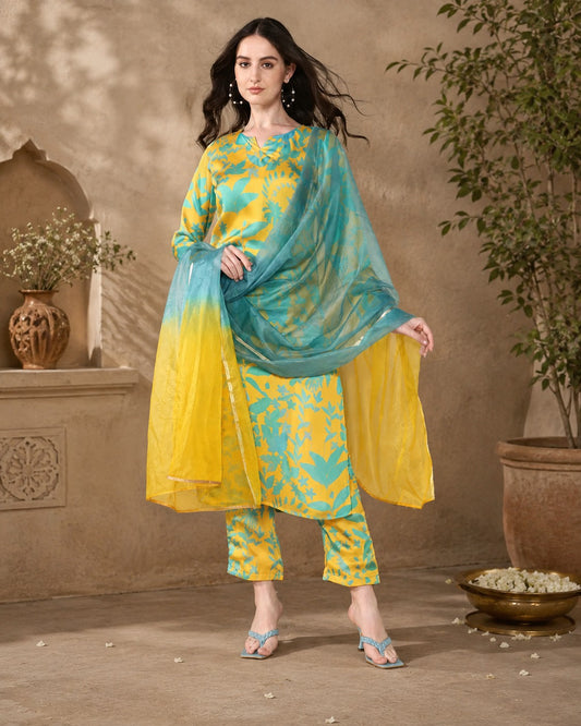 Mustard blue Pure Georgette satin suit with organza dupatta