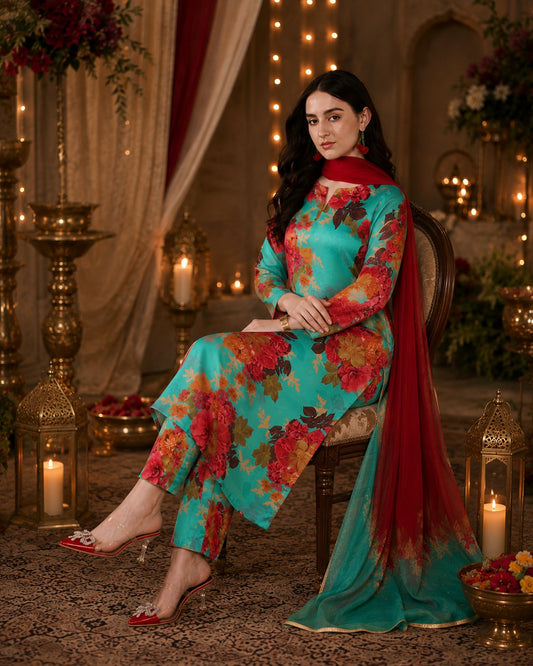 Sea green floral Pure Georgette satin suit with organza dupatta