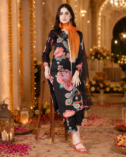 Black floral Pure Georgette satin suit with organza dupatta set
