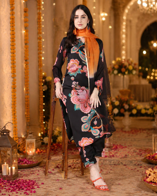 Black floral Pure Georgette satin suit with organza dupatta set
