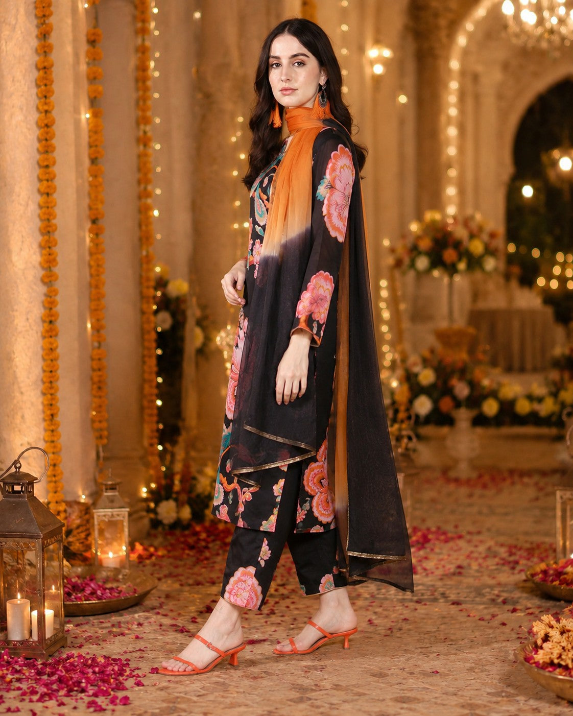 Black floral Pure Georgette satin suit with organza dupatta set