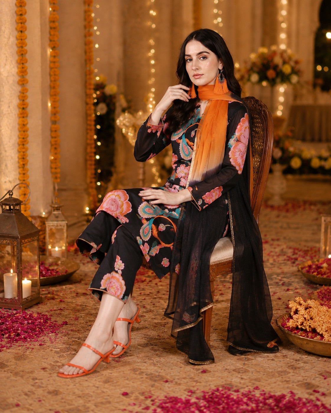 Black floral Pure Georgette satin suit with organza dupatta set