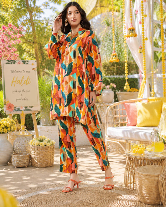 Orange ethnic Pure Muslin Suit Set