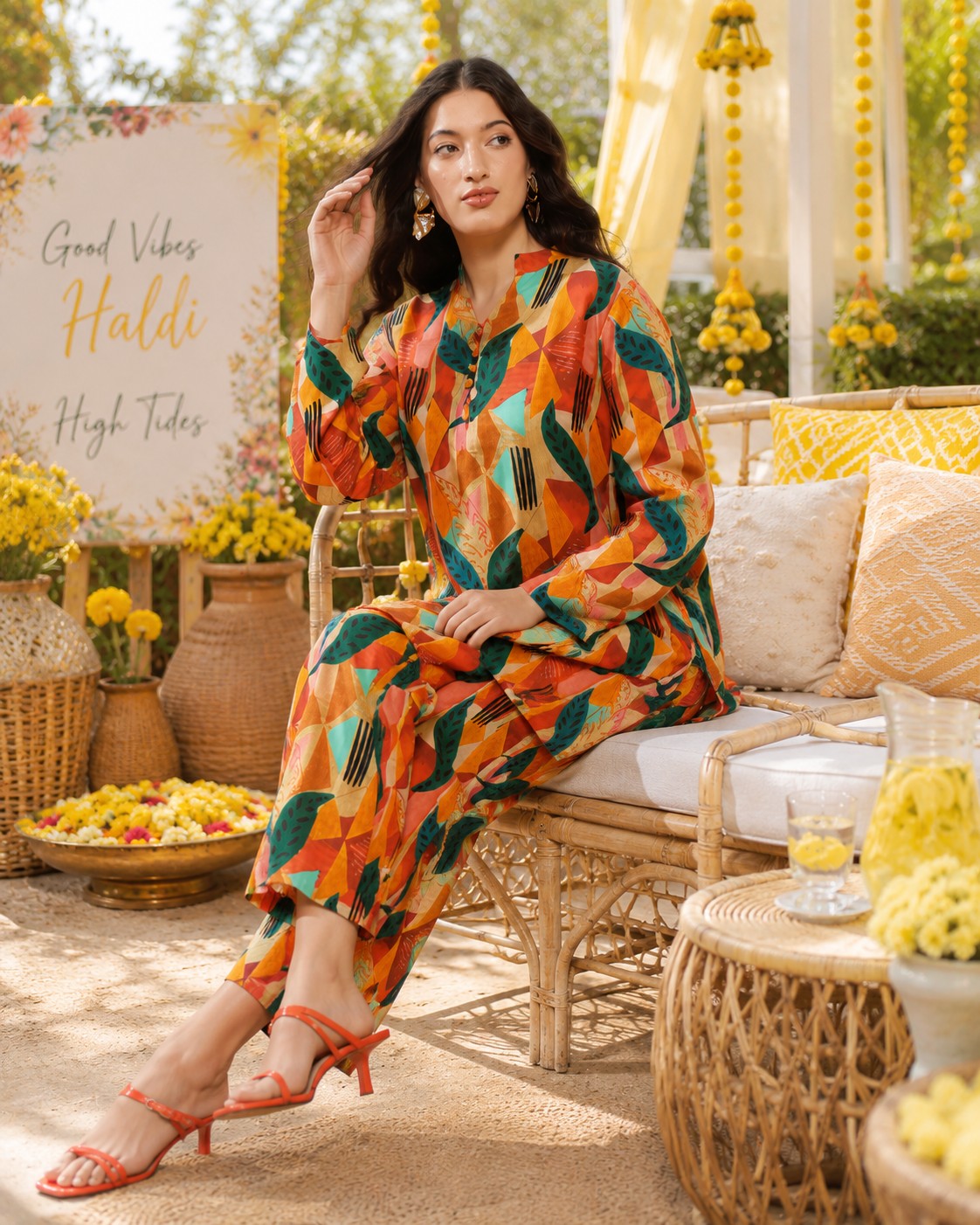 Orange ethnic Pure Muslin Suit Set