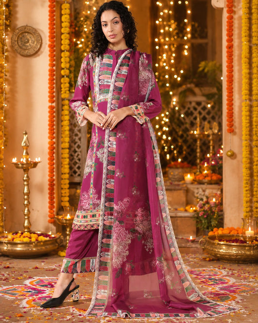Elegance in Wine Print Suit Set with Dupatta