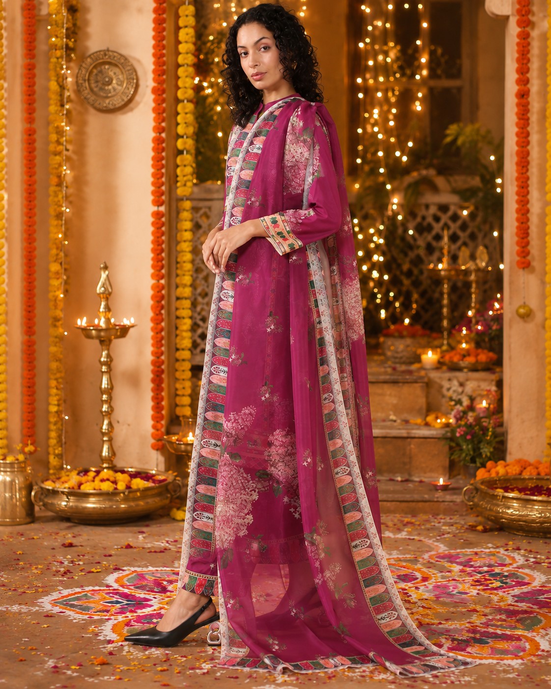Elegance in Wine Print Suit Set with Dupatta