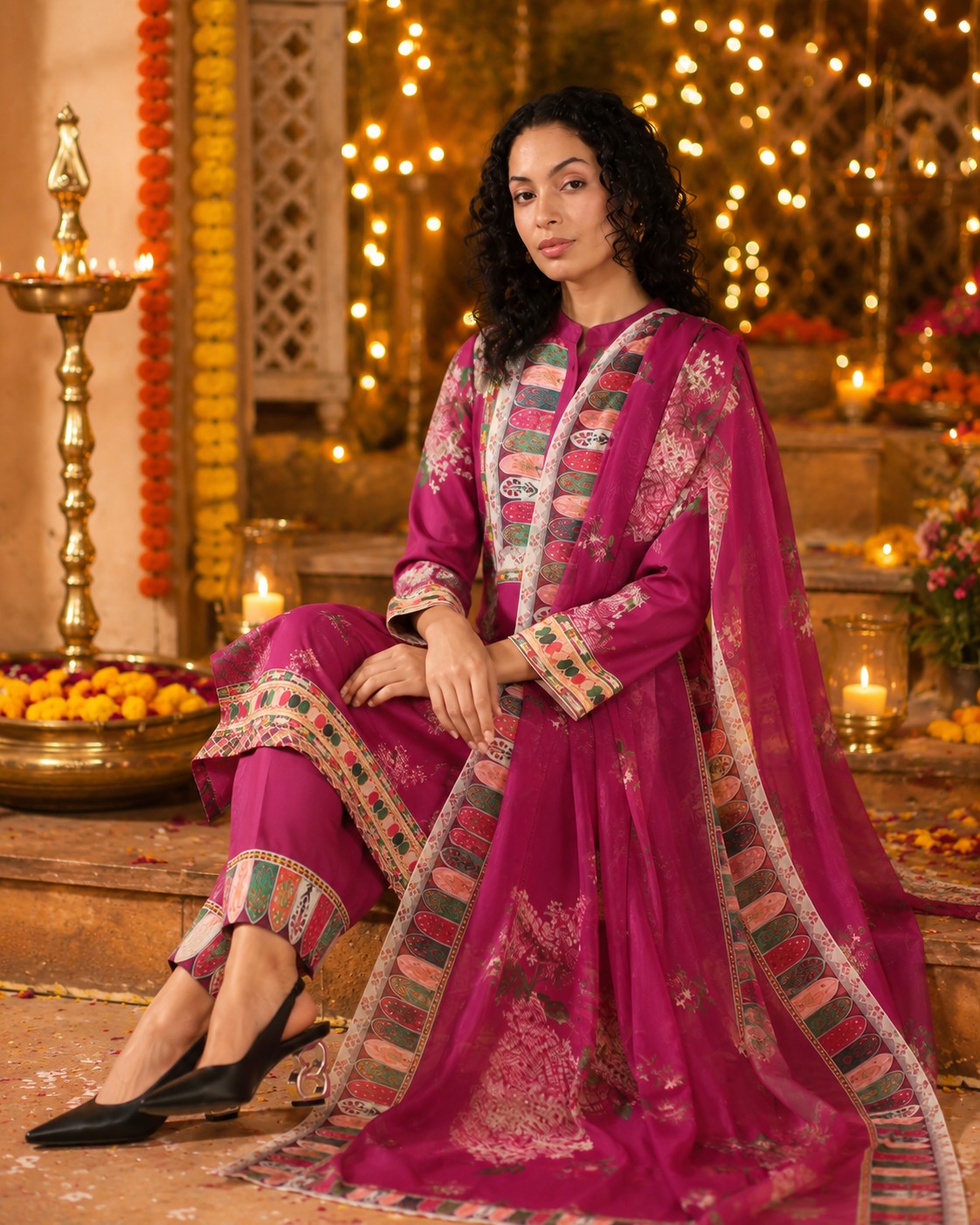 Elegance in Wine Print Suit Set with Dupatta