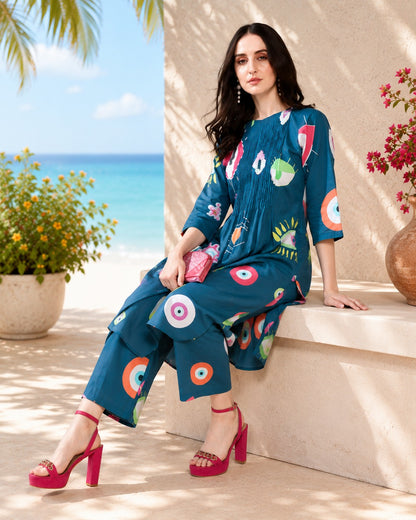 Evil Eye Blue Print Pure Cotton Suit Set