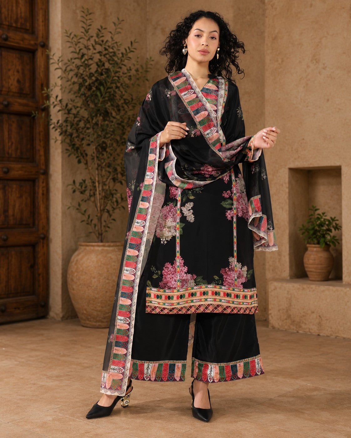 Elegance in Black Print Suit Set with Dupatta