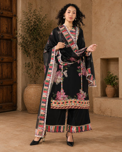 Elegance in Black Print Suit Set with Dupatta