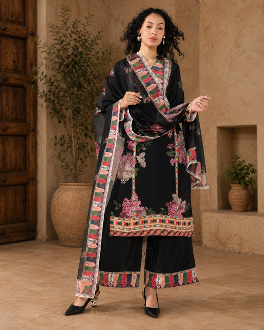 Elegance in Black Print Suit Set with Dupatta