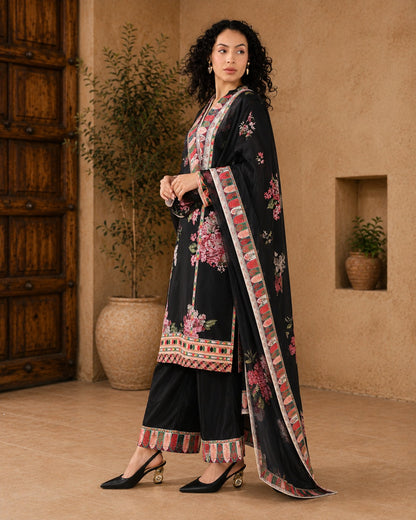 Elegance in Black Print Suit Set with Dupatta