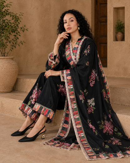 Elegance in Black Print Suit Set with Dupatta