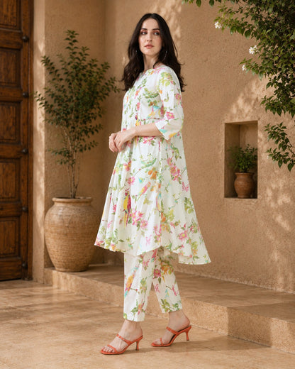 Cream peach floral Pure Cotton Suit Set