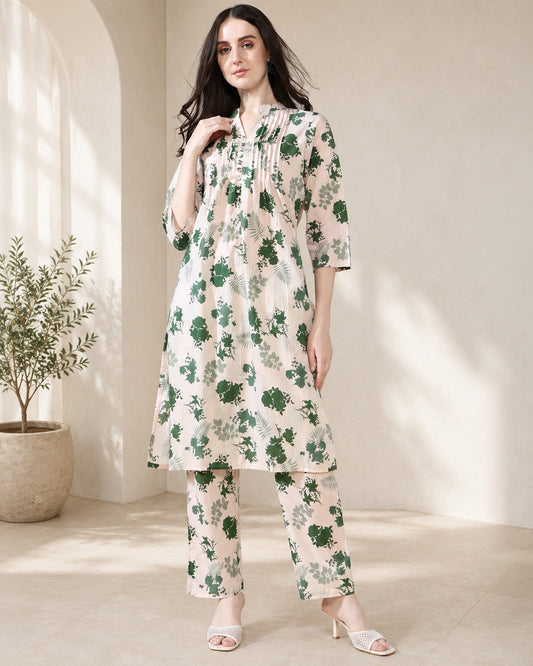 Beige Green Pure Cotton Suit Set
