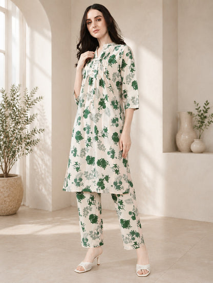 Beige Green Pure Cotton Suit Set