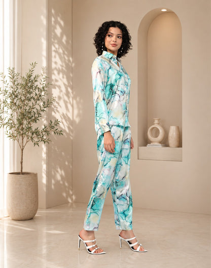 Cream Blue Multicolor Printed natural crepe Co-ord Set