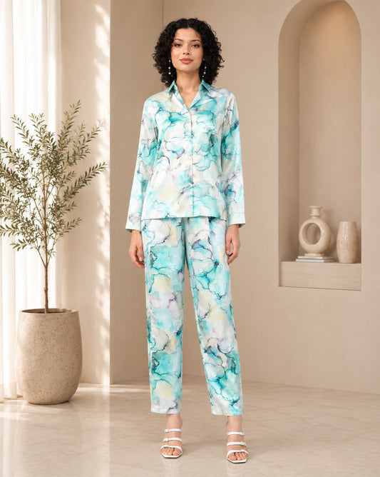 Cream Blue Multicolor Printed natural crepe Co-ord Set