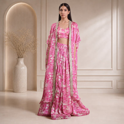 HOK ENSEMBLE Pure Georgette satin skirt with long cape and blouse