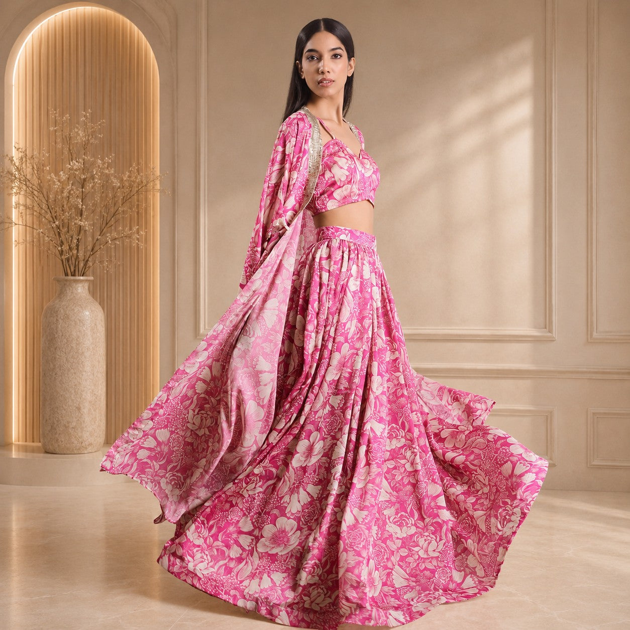 HOK ENSEMBLE Pure Georgette satin skirt with long cape and blouse