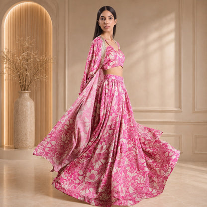 HOK ENSEMBLE Pure Georgette satin skirt with long cape and blouse
