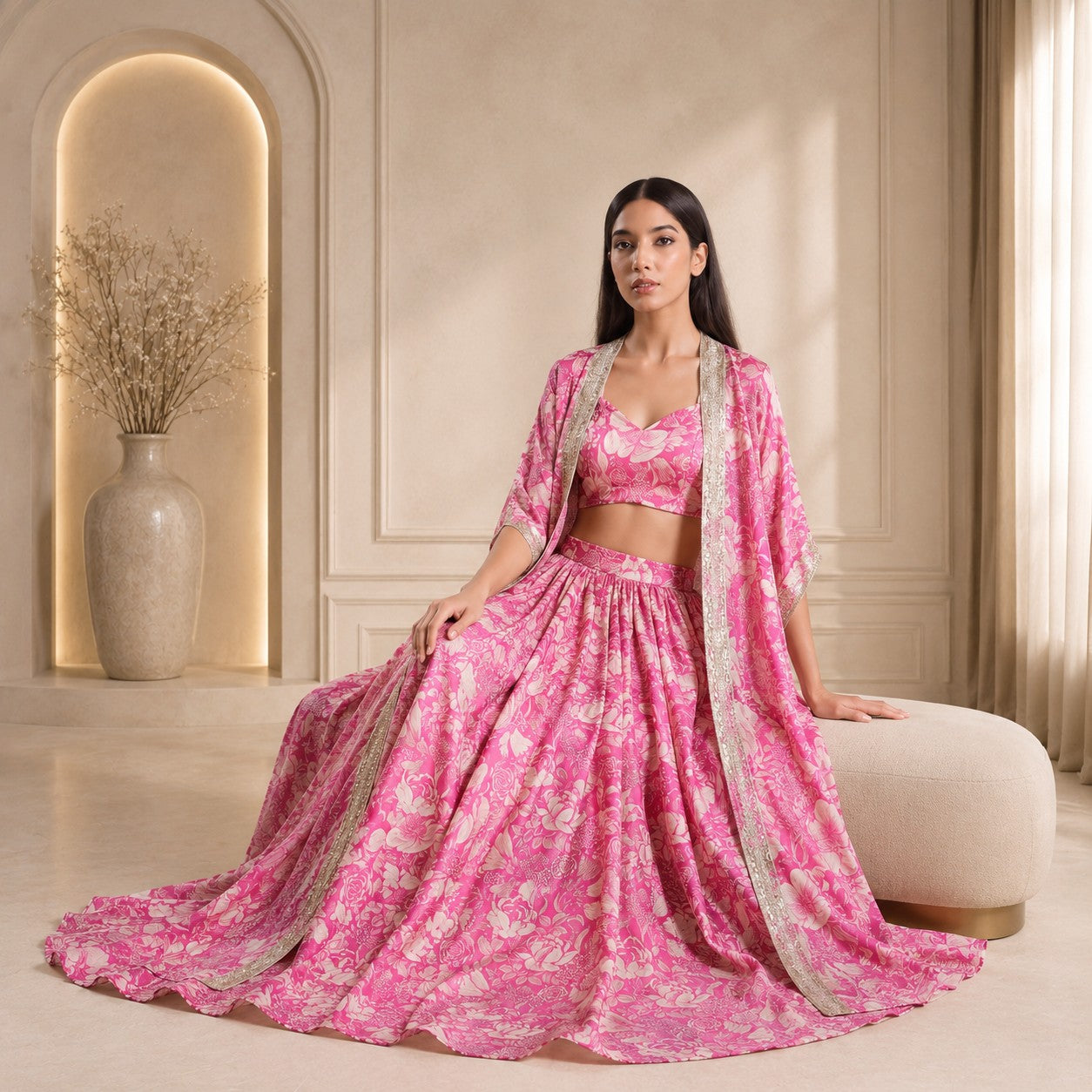 HOK ENSEMBLE Pure Georgette satin skirt with long cape and blouse