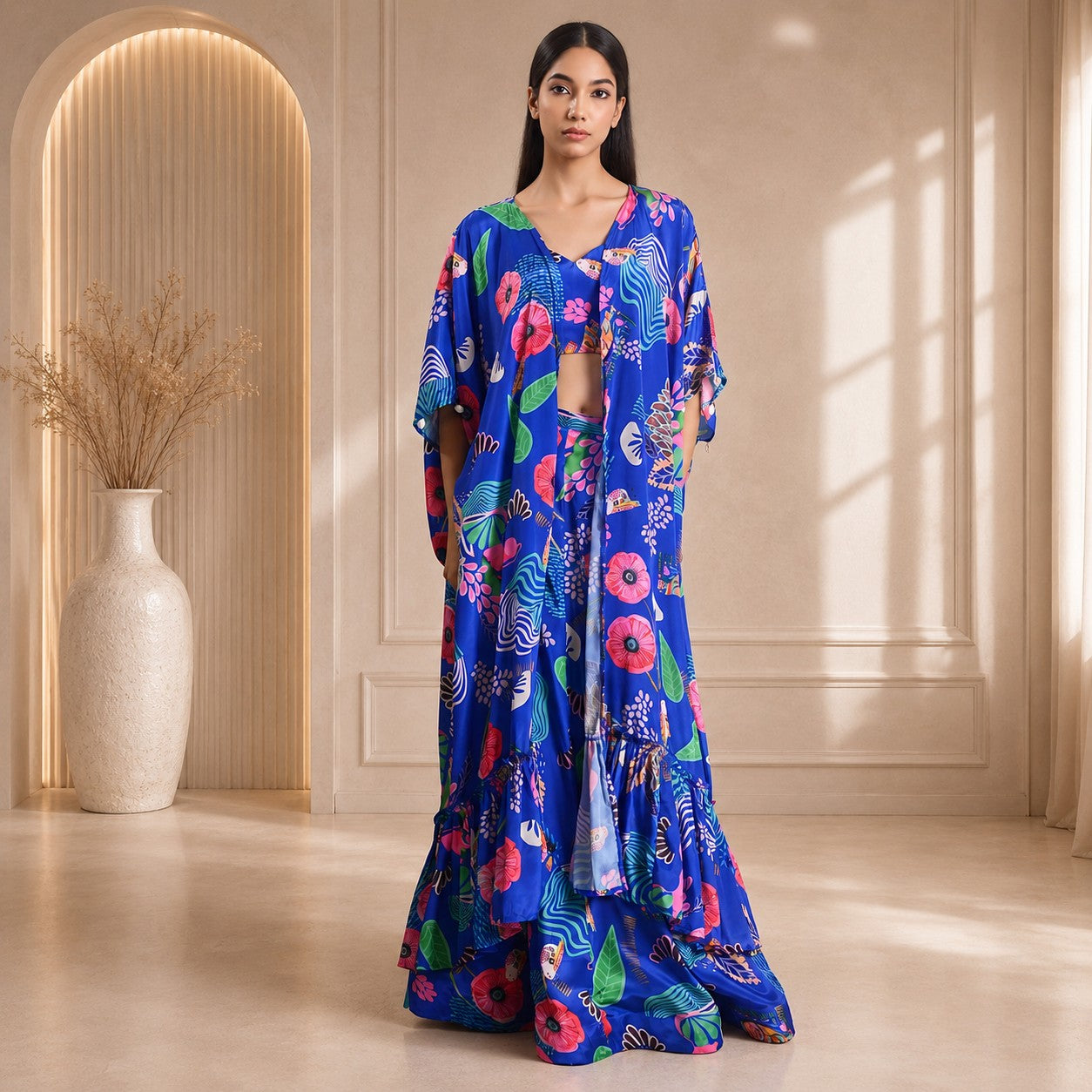 HOK ENSEMBLE Ocean blue silk skirt with long cape and blouse