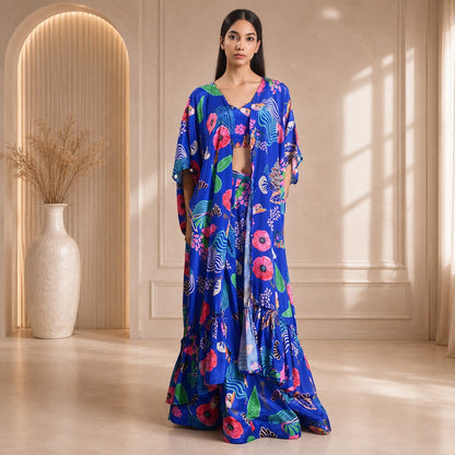 HOK ENSEMBLE Ocean blue silk skirt with long cape and blouse