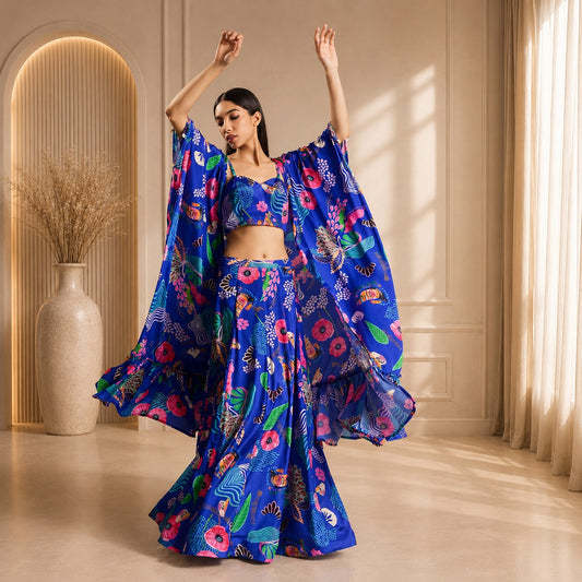 HOK ENSEMBLE Ocean blue silk skirt with long cape and blouse