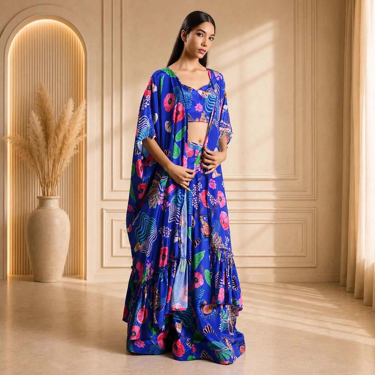 HOK ENSEMBLE Ocean blue silk skirt with long cape and blouse