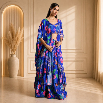 HOK ENSEMBLE Ocean blue silk skirt with long cape and blouse