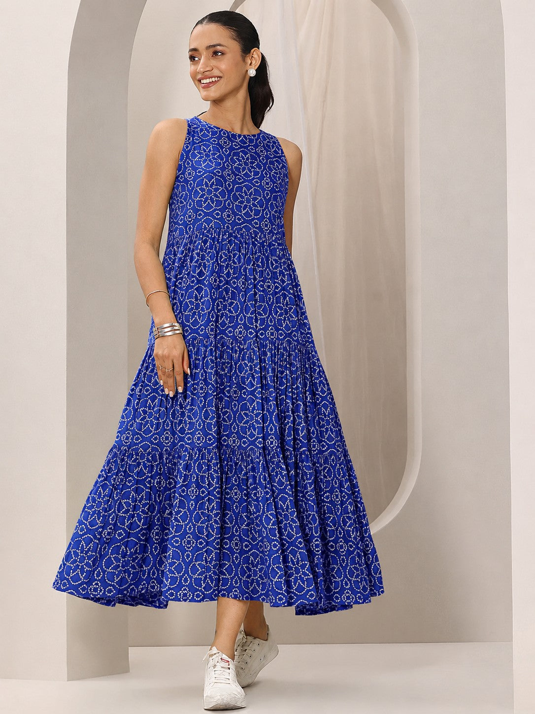 Azure Bloom Blue Printed Tiered Pure Muslin Maxi Dress