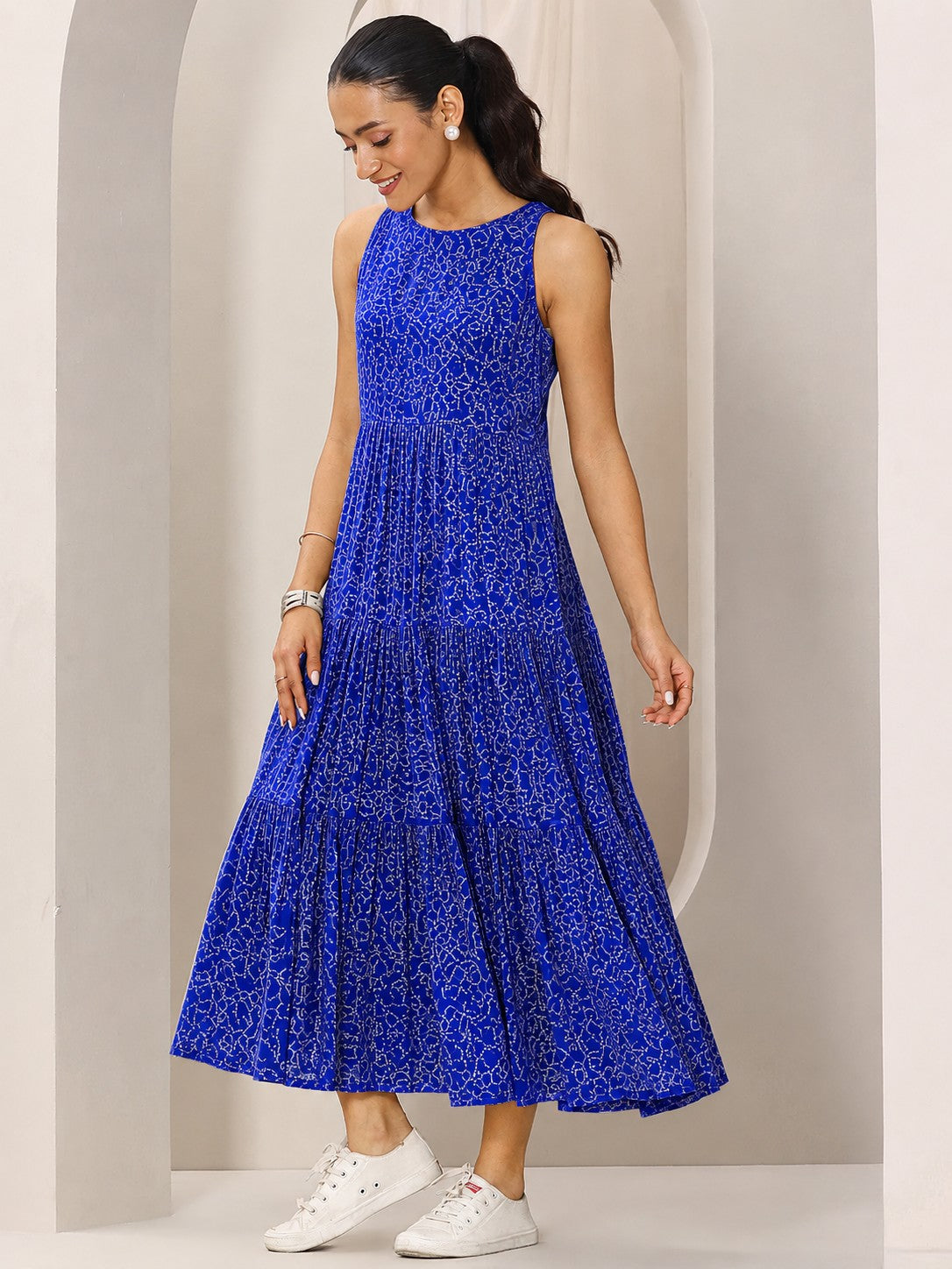 Azure Bloom Blue Printed Tiered Pure Muslin Maxi Dress