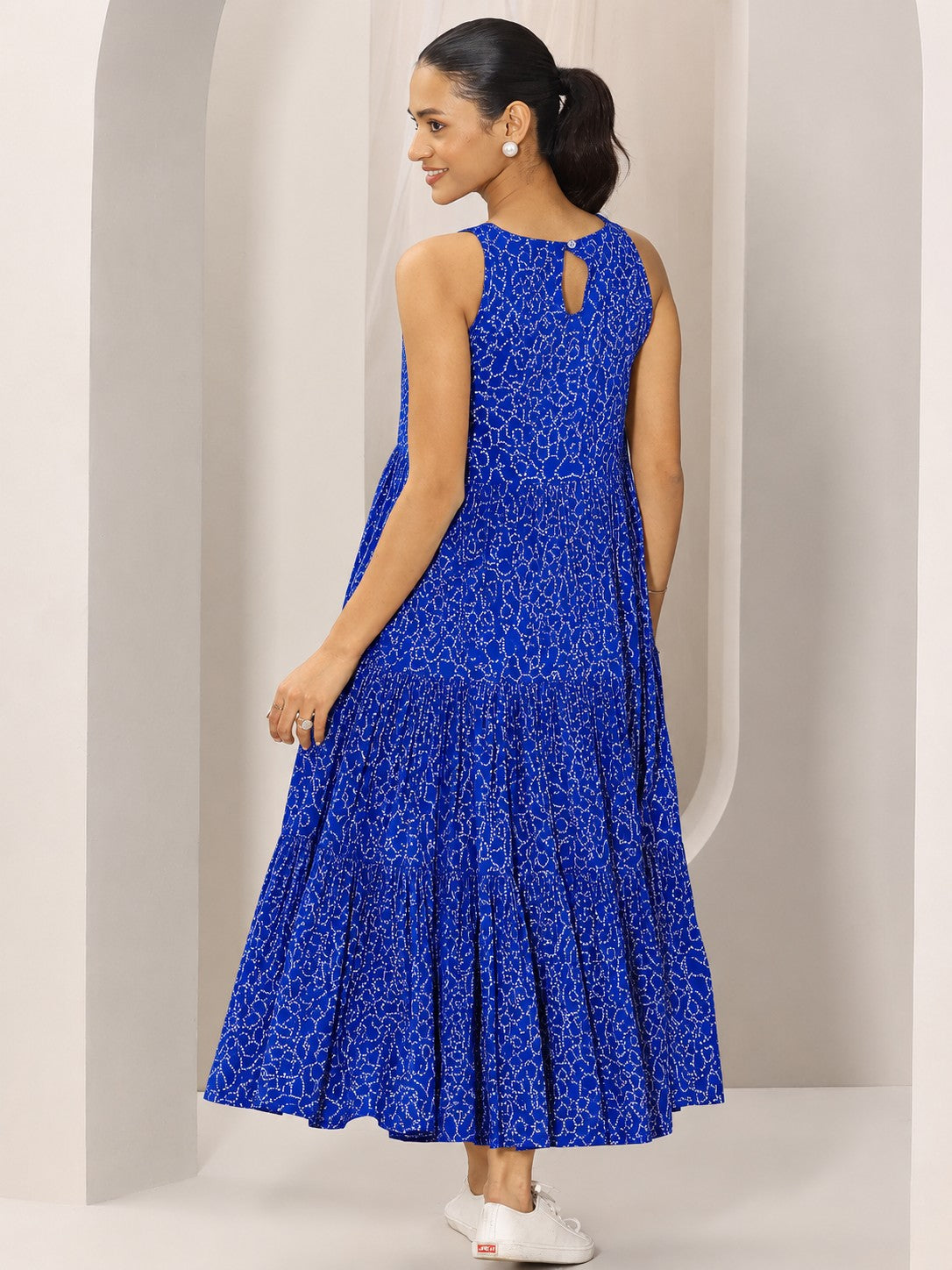 Azure Bloom Blue Printed Tiered Pure Muslin Maxi Dress