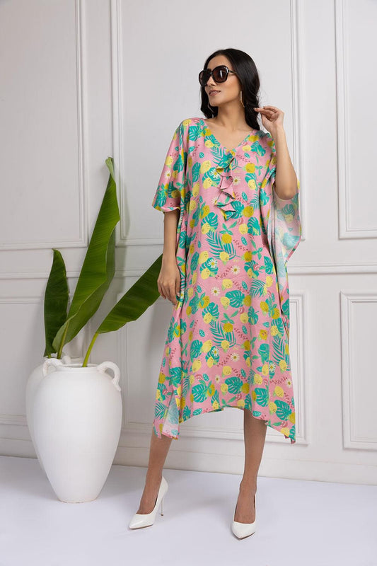 Palm Leaf Paradise Kaftan Printed Dress