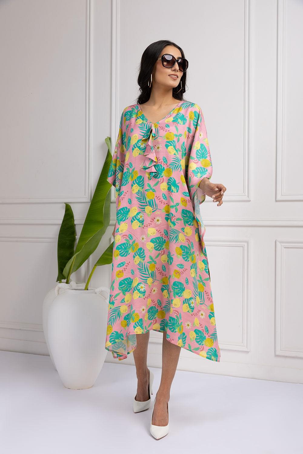 Palm Leaf Paradise Kaftan Printed Dress