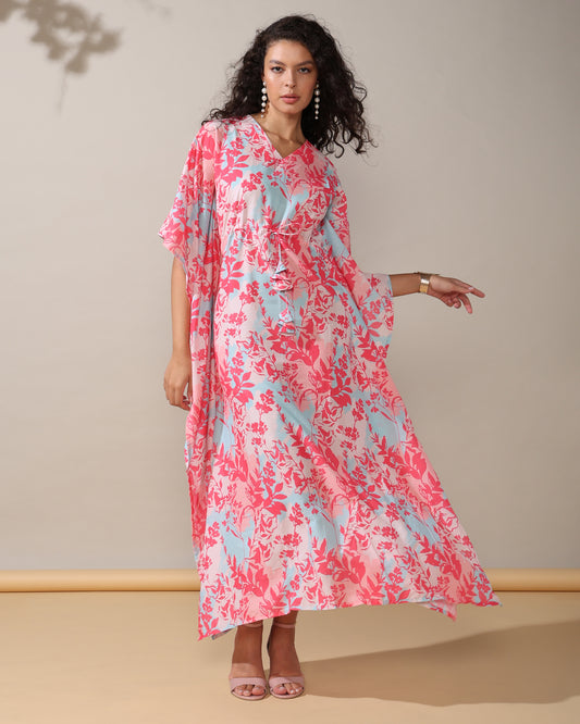 Sky pink blue cotton muslin Long kaftan dress